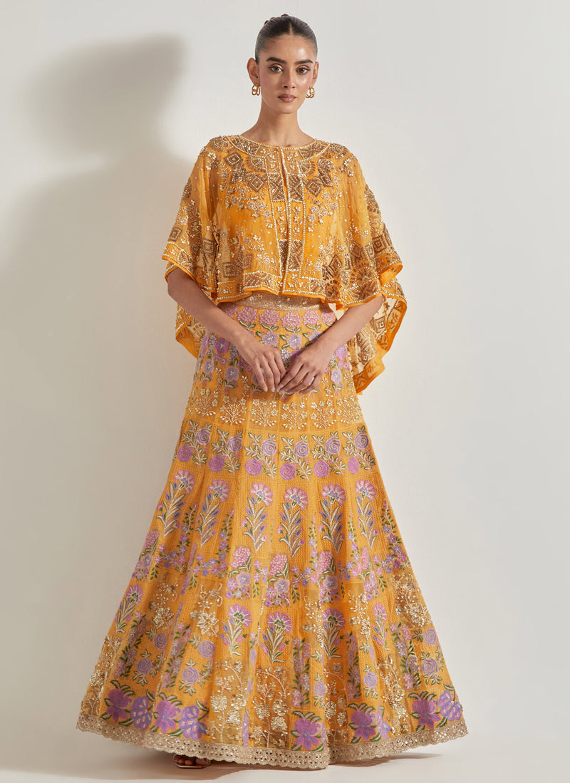 Yellow Sajawat Hand Embellished Circular Cape Paired With Embroidered Organza Sharara