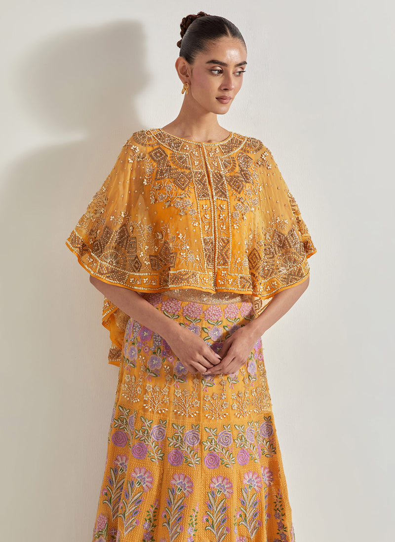 Yellow Sajawat Hand Embellished Circular Cape Paired With Embroidered Organza Sharara