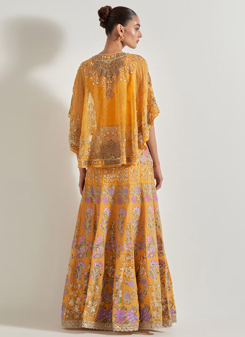 Yellow Sajawat Hand Embellished Circular Cape Paired With Embroidered Organza Sharara