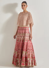 Blush Pink Organza Hand Embellished Circular Cape Paired With Resham Stitch And Gota Work Embroidered Skirt