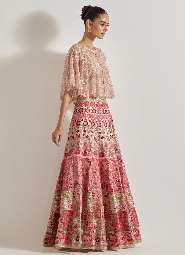 Blush Pink Organza Hand Embellished Circular Cape Paired With Resham Stitch And Gota Work Embroidered Skirt