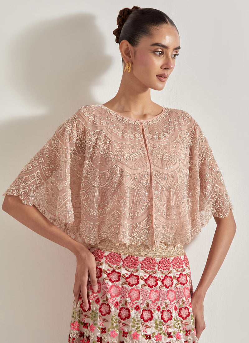 Blush Pink Organza Hand Embellished Circular Cape Paired With Resham Stitch And Gota Work Embroidered Skirt
