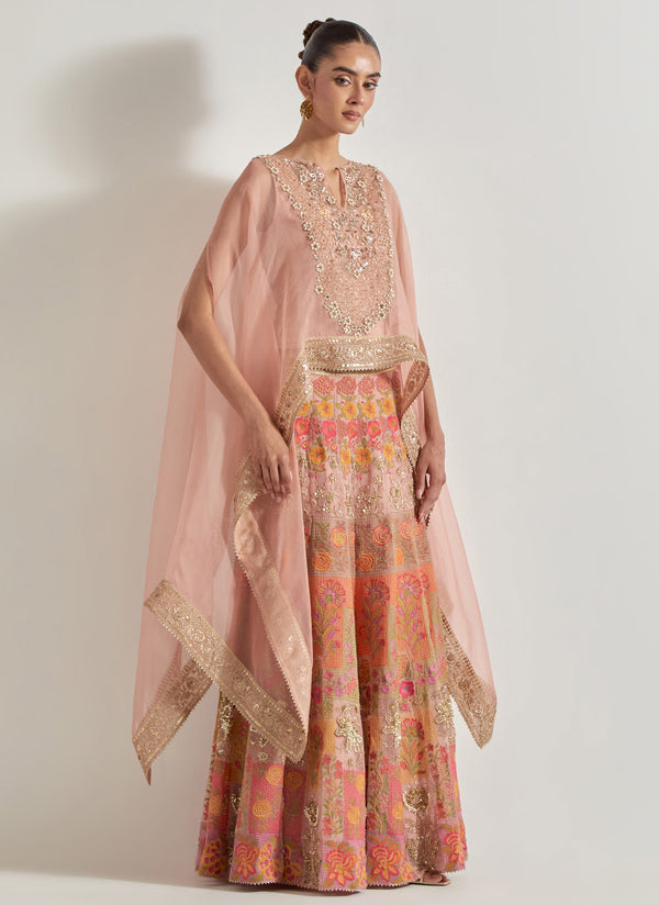 Pink Sajawat Hand Embellished Dupatta Cape And Skirt
