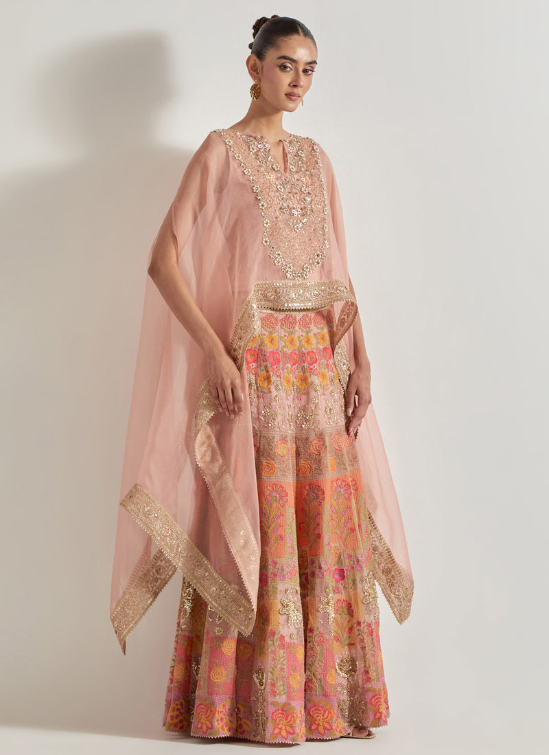 Pink Sajawat Hand Embellished Dupatta Cape And Skirt