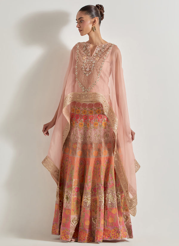 Pink Sajawat Hand Embellished Dupatta Cape And Skirt