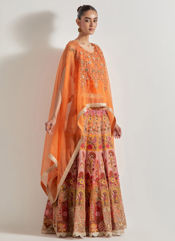 Orange Sajawat Hand Embellished Dupatta Cape And Skirt