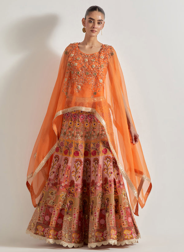Orange Sajawat Hand Embellished Dupatta Cape And Skirt