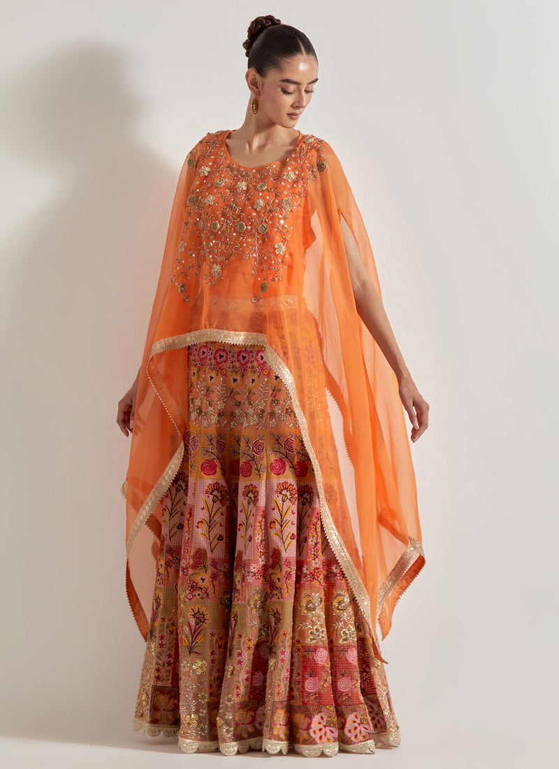 Orange Sajawat Hand Embellished Dupatta Cape And Skirt