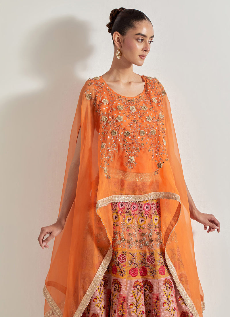 Orange Sajawat Hand Embellished Dupatta Cape And Skirt