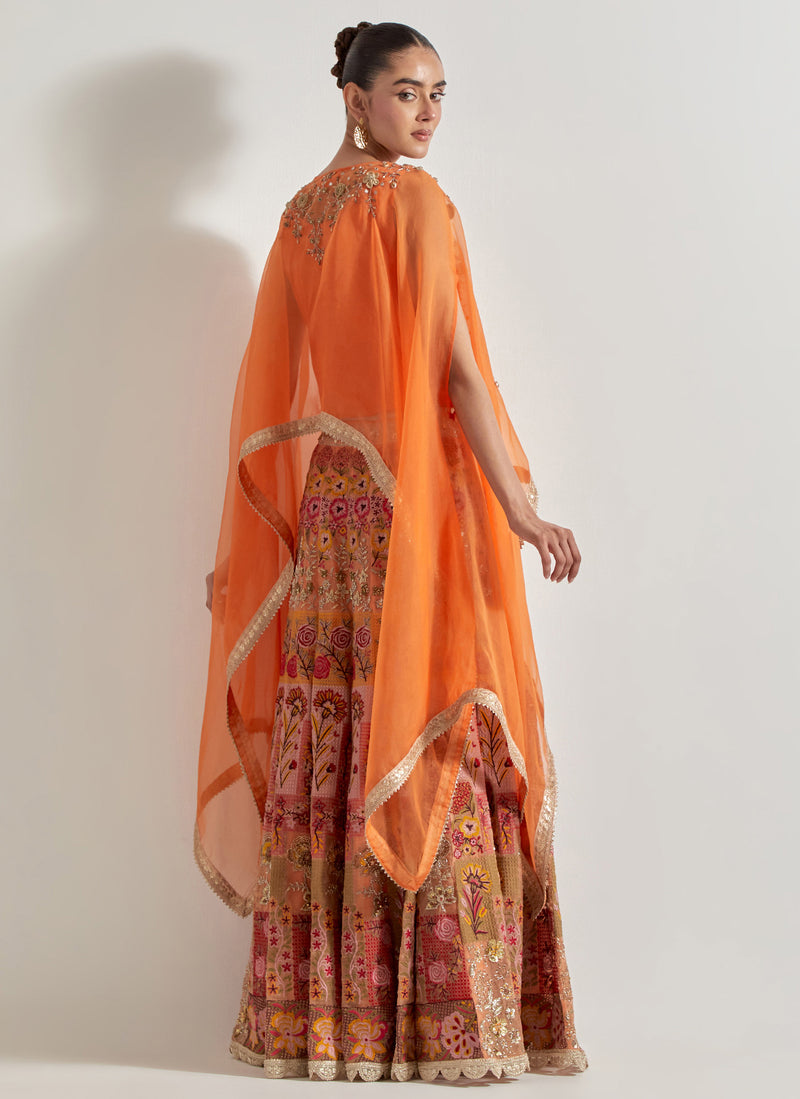Orange Sajawat Hand Embellished Dupatta Cape And Skirt