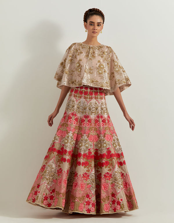 Pale Pink Resham And Sequin Embroidered Tissue Dupatta Cape And Skirt