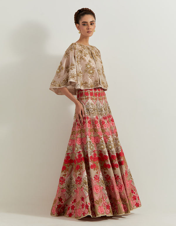 Pale Pink Resham And Sequin Embroidered Tissue Dupatta Cape And Skirt