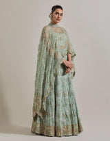 Sage Green Organza Water Glimmer Asymetric Cape Paired With Chanderi Silk Embelellished Skirt And Textured Inner