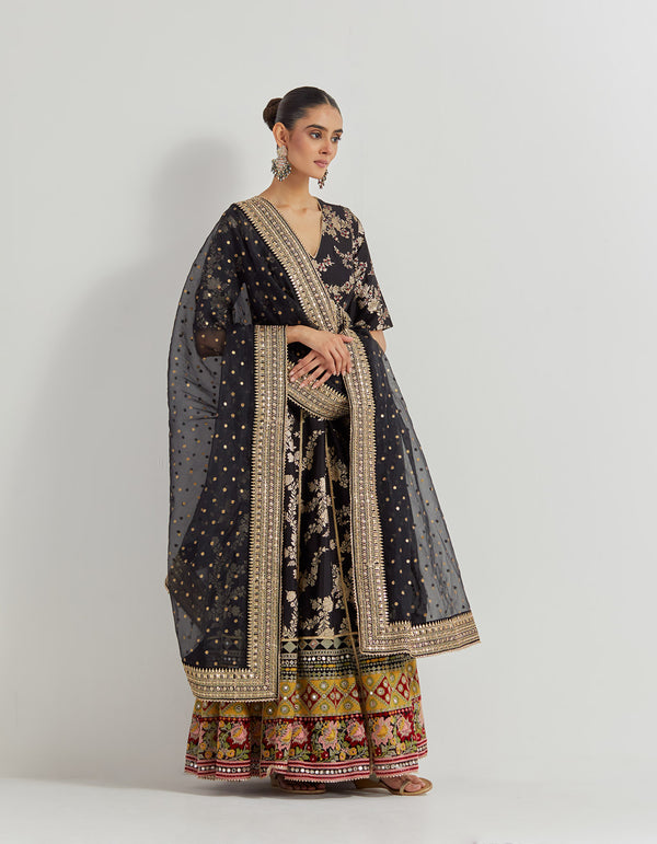 Brocade Anarkali Dress With Embroidered Border In Cross Stitch Emroidery Paired With Organza Silk Embroidered Dupatta