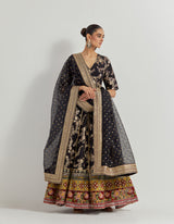 Brocade Anarkali Dress With Embroidered Border In Cross Stitch Emroidery Paired With Organza Silk Embroidered Dupatta