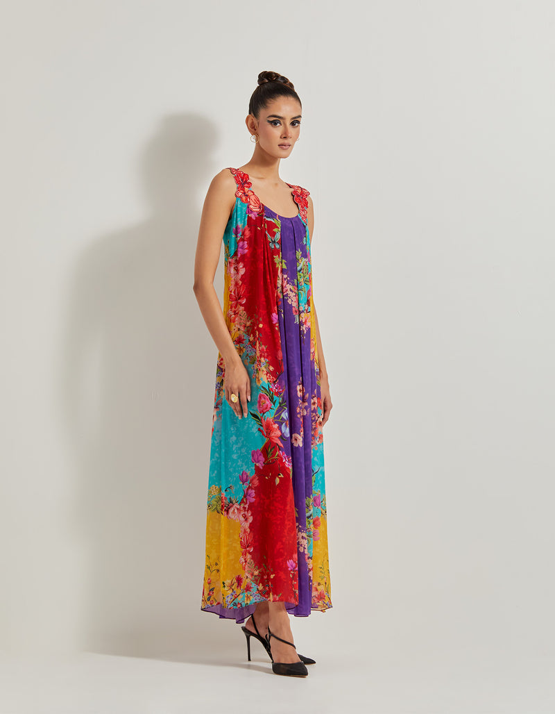 Creeper Natural Crepe Box Pleated Long Dress With Hand Embellished Floral Straps