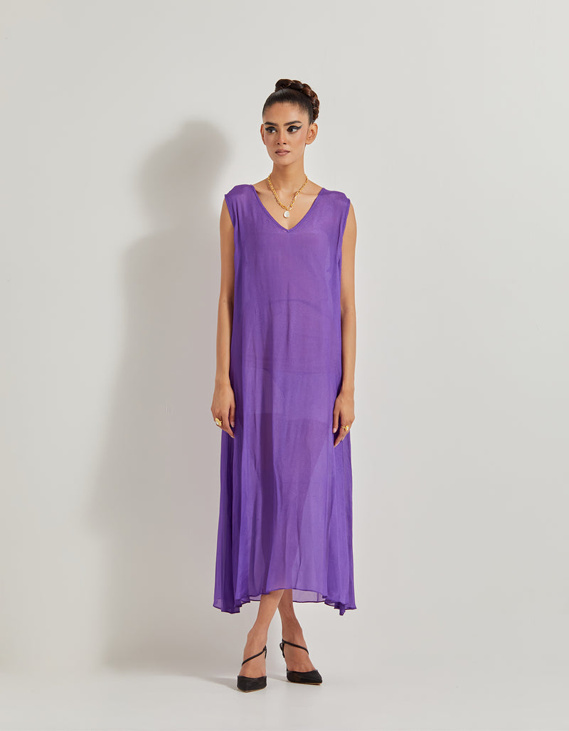 Creeper Natural Crepe Box Pleated Long Dress With Hand Embellished Floral Straps