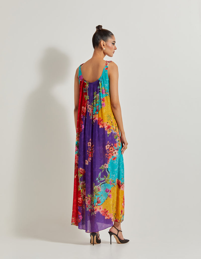 Creeper Natural Crepe Box Pleated Long Dress With Hand Embellished Floral Straps