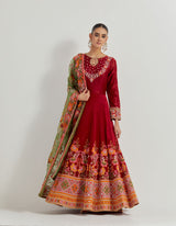 Deep Red Long Anarkali Dress In Cross Stitch Gota Patti Embroidery Paired With Organza Silk Embroidered Dupatta