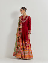 Deep Red Long Anarkali Dress In Cross Stitch Gota Patti Embroidery Paired With Organza Silk Embroidered Dupatta