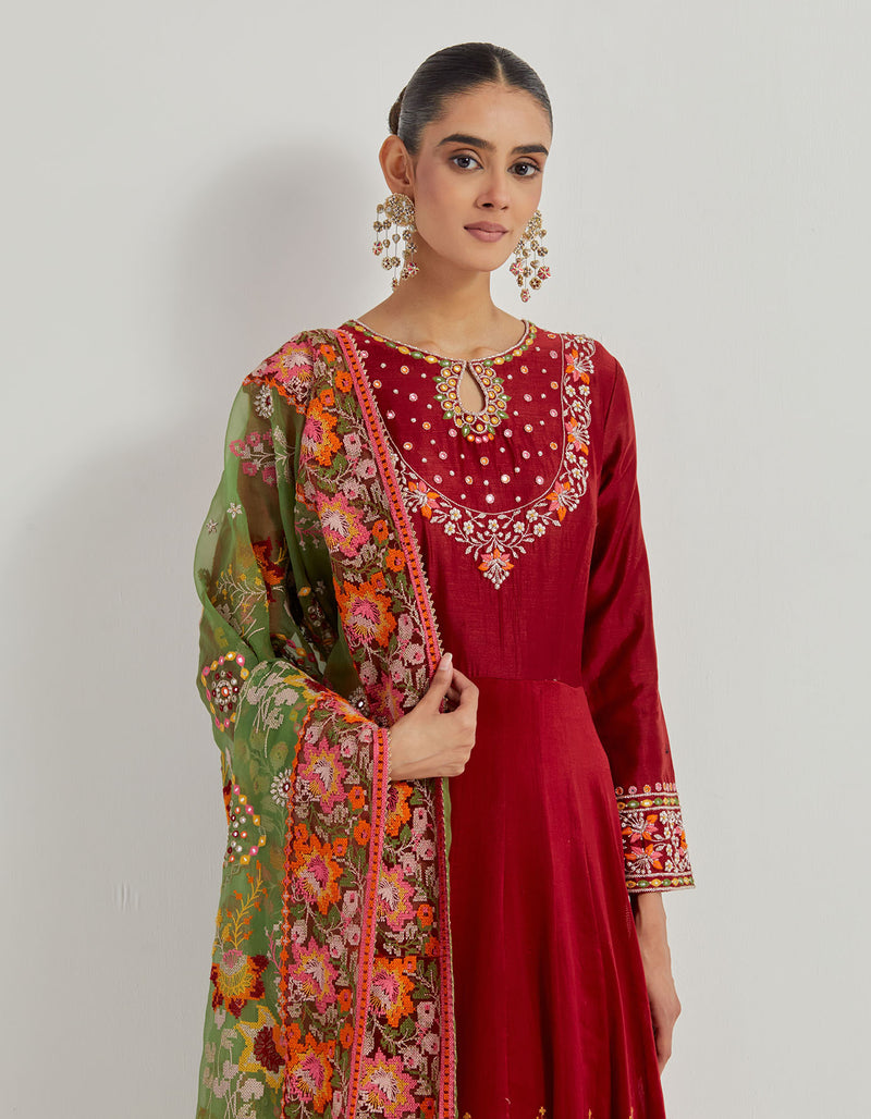 Deep Red Long Anarkali Dress In Cross Stitch Gota Patti Embroidery Paired With Organza Silk Embroidered Dupatta