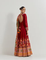 Deep Red Long Anarkali Dress In Cross Stitch Gota Patti Embroidery Paired With Organza Silk Embroidered Dupatta