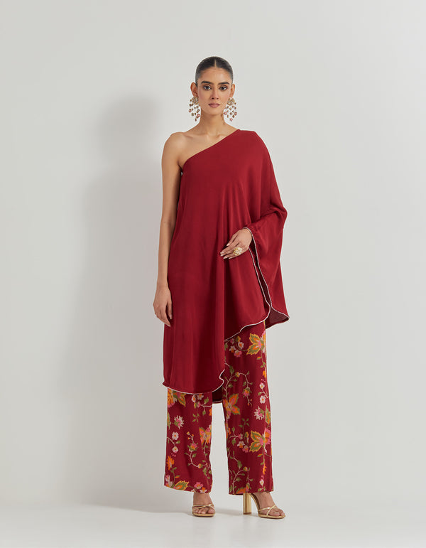 One Shoulder Asymetric Tunic Paired With All Over Embroidered Pants