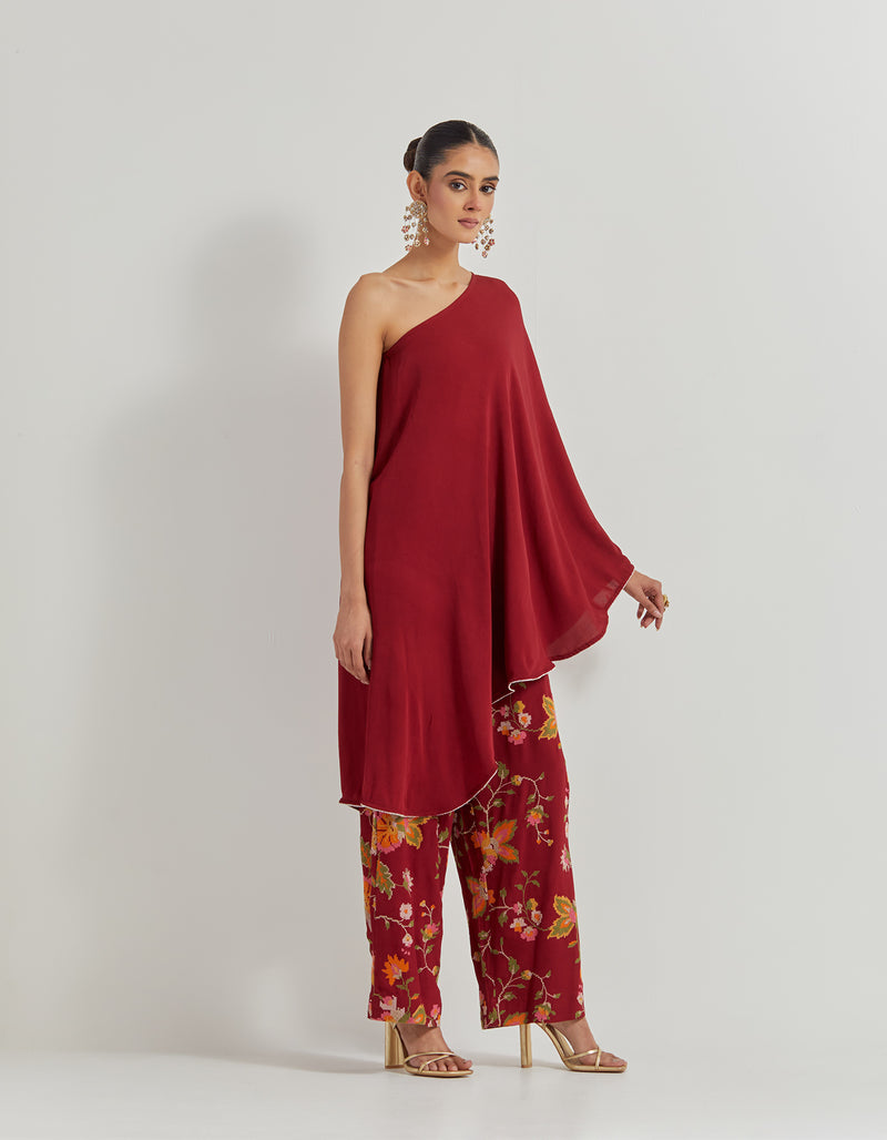 One Shoulder Asymetric Tunic Paired With All Over Embroidered Pants