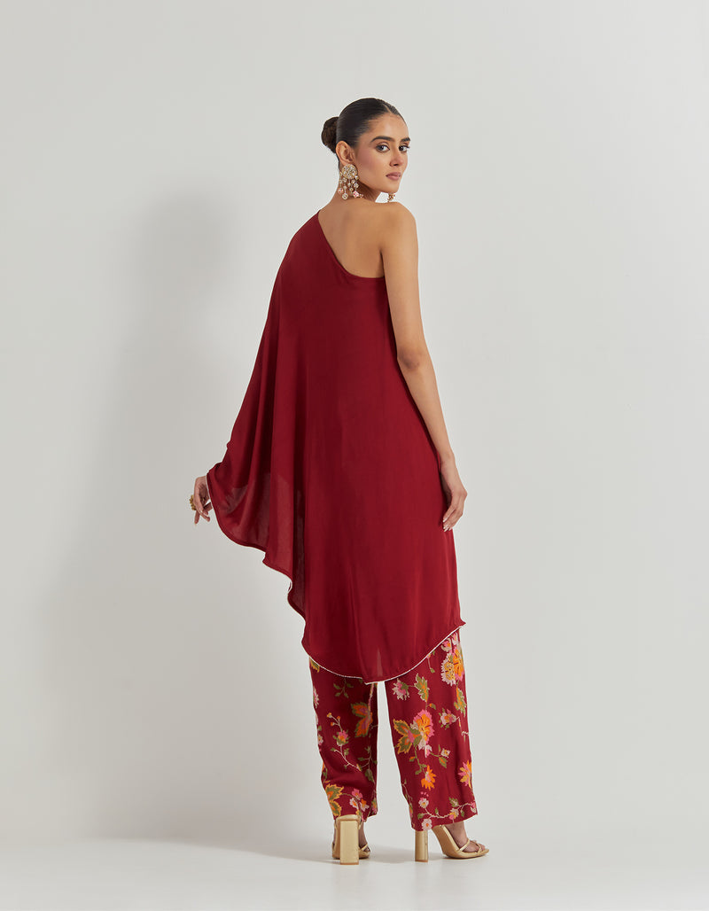 One Shoulder Asymetric Tunic Paired With All Over Embroidered Pants