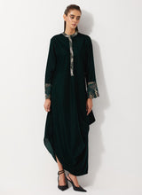 Bottle Green Velvet Cowl Dress Embellished With Sequin Embroidery