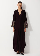Burgandy Velvet Dress With Pleated Details And Sequin Embroidered Cuffs