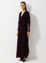 Burgandy Velvet Dress With Pleated Details And Sequin Embroidered Cuffs