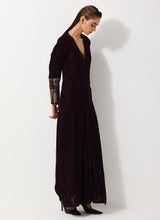 Burgandy Velvet Dress With Pleated Details And Sequin Embroidered Cuffs