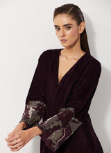 Burgandy Velvet Dress With Pleated Details And Sequin Embroidered Cuffs
