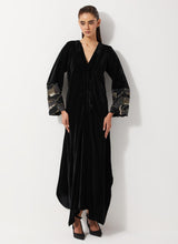 Black Velvet Dress With Pleated Details And Sequin Embroidered Cuffs