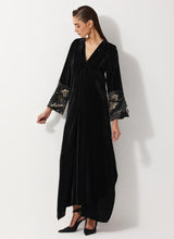Black Velvet Dress With Pleated Details And Sequin Embroidered Cuffs