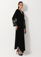 Black Velvet Dress With Pleated Details And Sequin Embroidered Cuffs