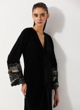 Black Velvet Dress With Pleated Details And Sequin Embroidered Cuffs