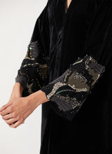 Black Velvet Dress With Pleated Details And Sequin Embroidered Cuffs