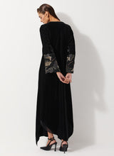 Black Velvet Dress With Pleated Details And Sequin Embroidered Cuffs