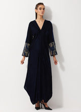 Navy Blue Velvet Dress With Pleated Details And Sequin Embroidered Cuffs