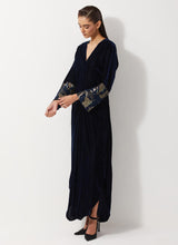 Navy Blue Velvet Dress With Pleated Details And Sequin Embroidered Cuffs