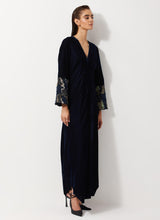 Navy Blue Velvet Dress With Pleated Details And Sequin Embroidered Cuffs