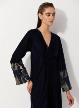 Navy Blue Velvet Dress With Pleated Details And Sequin Embroidered Cuffs