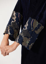 Navy Blue Velvet Dress With Pleated Details And Sequin Embroidered Cuffs