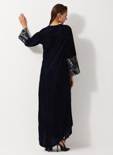 Navy Blue Velvet Dress With Pleated Details And Sequin Embroidered Cuffs
