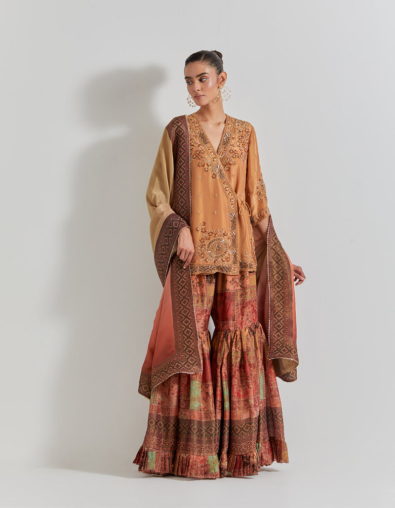 Spicy Glam Wrap Kurti Paired With Viscose Tissue Sharara And Dupatta