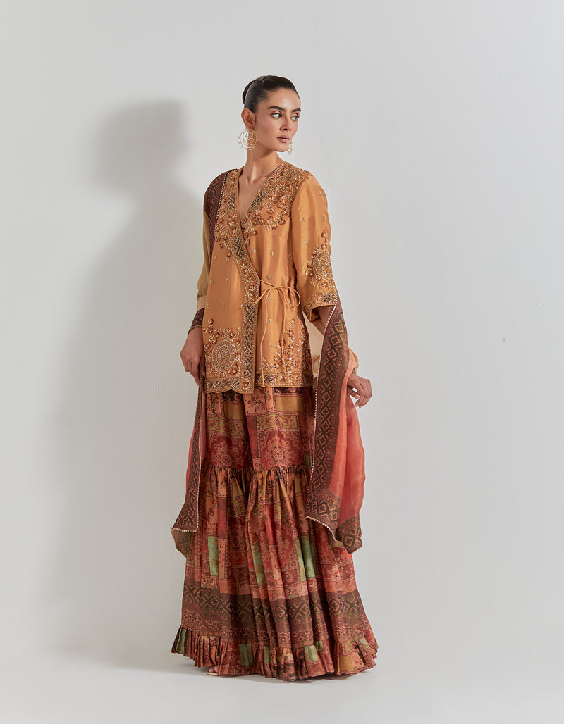 Spicy Glam Wrap Kurti Paired With Viscose Tissue Sharara And Dupatta