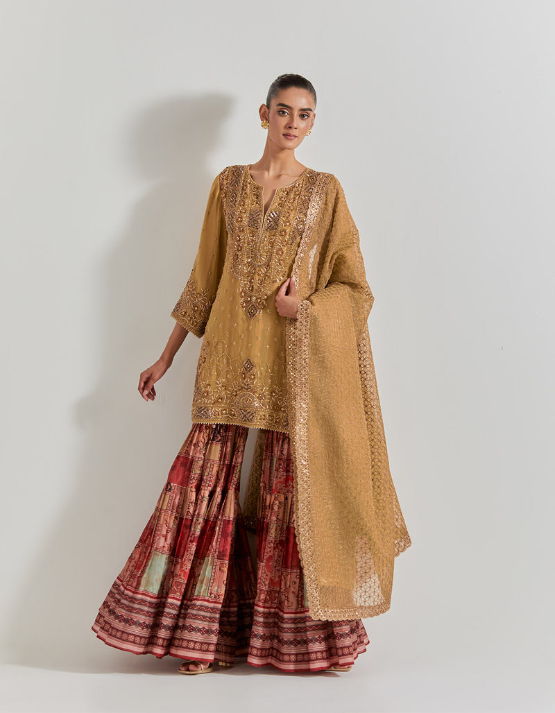 Spicy Glam Pleated Sharara Paired With Hand Embellished Kurti And Dupatta