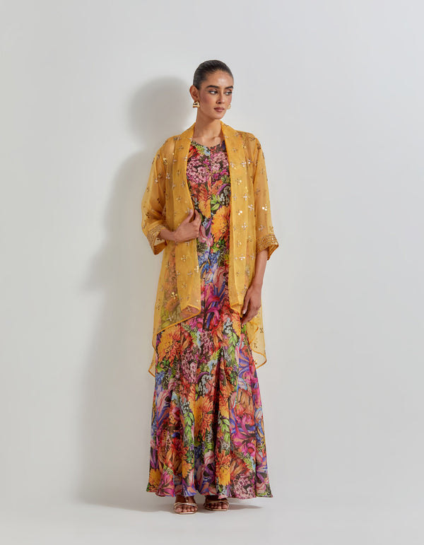 Multicolour Florika Printed Drape Dress Paired With Silk Organza Hand Embellished Cape Jacket